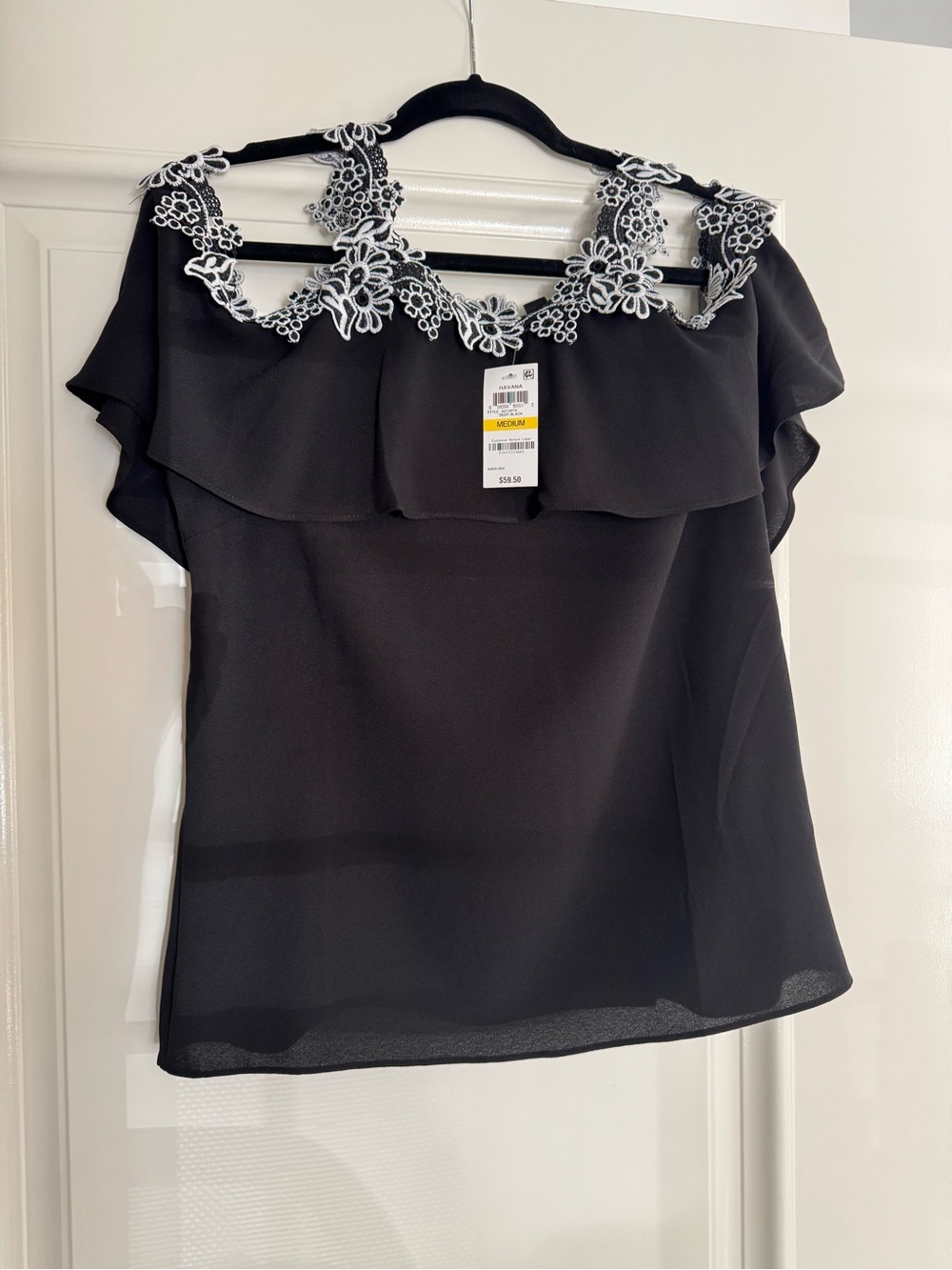 Thalia Sodi Black Off-Shoulder Top with White Floral Trim